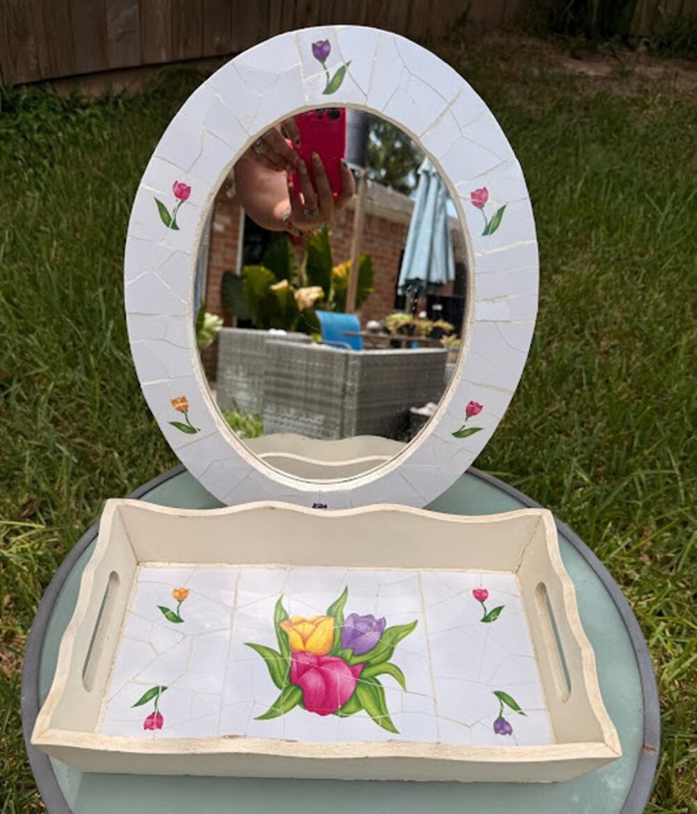 Vintage Mosaic Tile Vanity Tray & Matching Wall Mirror Set